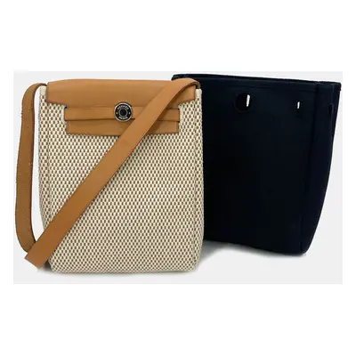 Hermes Herbag Tpm Mini Black And Beige Sangles Canvas