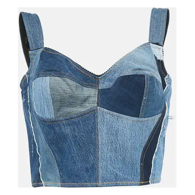 Dolce & Gabbana Blue Patchwork Denim Bustier Top