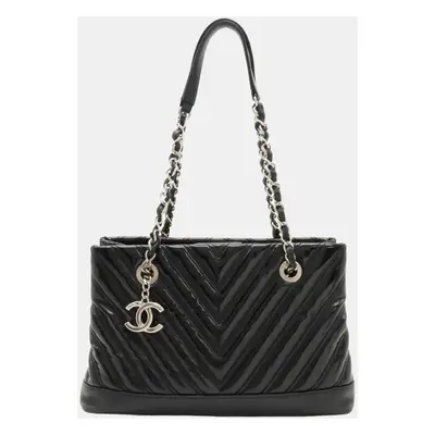 Chanel Black Patent Chevron Small Shopping Tote Bag