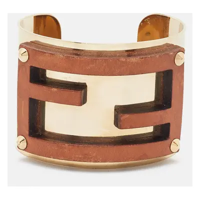 Fendi Zucca Leather Gold Tone Open Cuff Bracelet