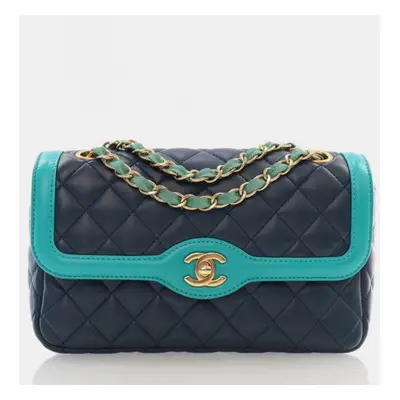 Chanel Medium Navy Turquoise Two Tone Lambskin Single Flap Bag