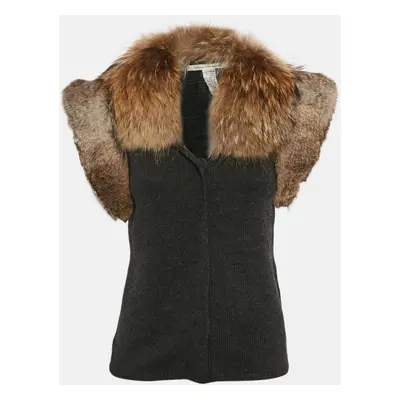 Dries van Noten Grey Detachable Fur Trim Sleeveless Cardigan