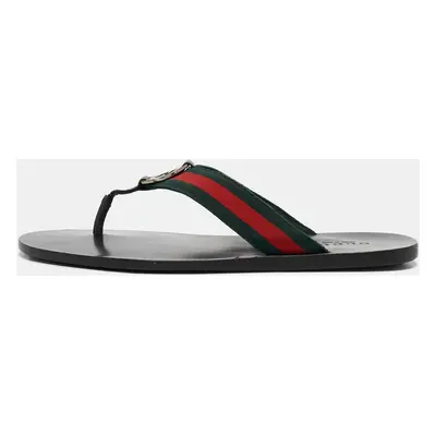 Gucci Black Leather GG Web Thong Flat Slides Size 43.5