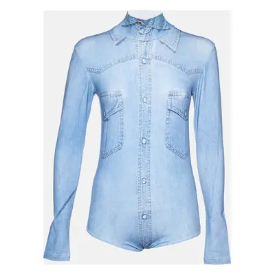 Vetements Blue Denim Print Cotton Long Sleeve Bodysuit