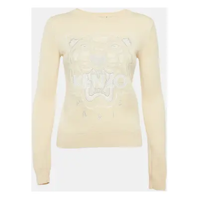 Kenzo Cream Tiger Logo Embroidered Wool Blend Sweatshirt