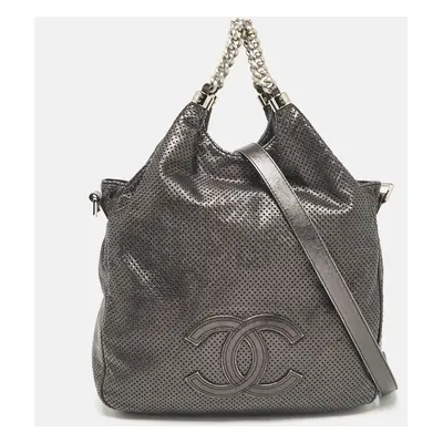 Chanel Metallic Grey Leather Perforated Rodeo Drive Hobo