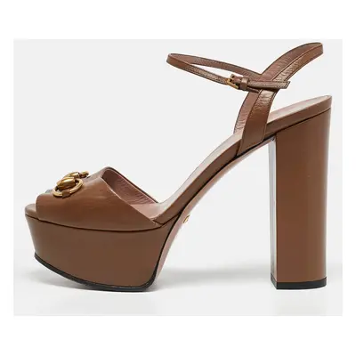 Gucci Brown Leather Horsebit Claudie Platform Ankle Strap Sandals Size