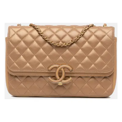 Chanel Brown Medium Quilted Metallic Lambskin CC Chic Double Flap