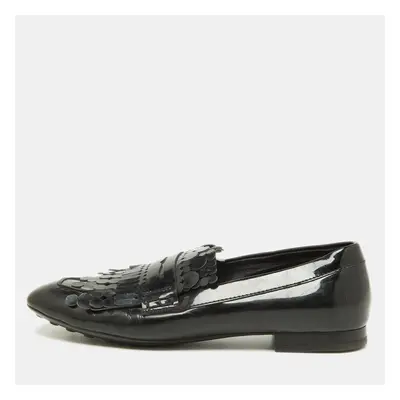 Tod's Black Patent Leather Laser Cut Fringe Loafers Size 38.5