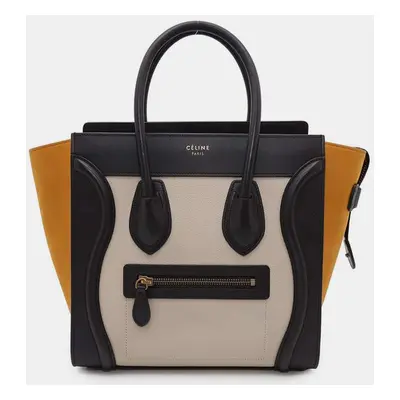 Celine Black/White/Yellow Luggage Shopper Leather Suede Bag