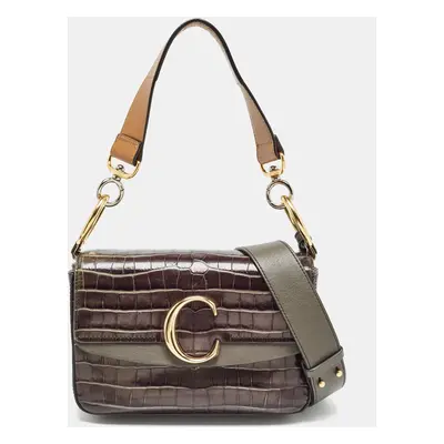 Chloe Dark Grey/Brown Croc Embossed Leather C Top Handle Bag