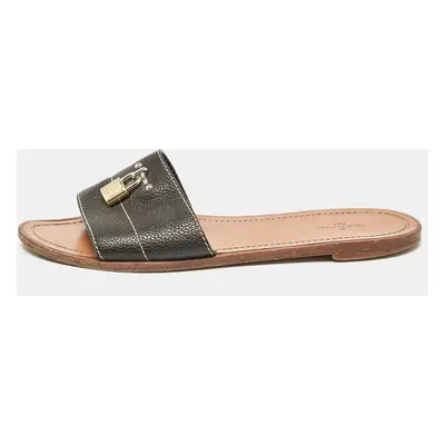 Louis Vuitton Black Leather Lock It Flat Slides Size