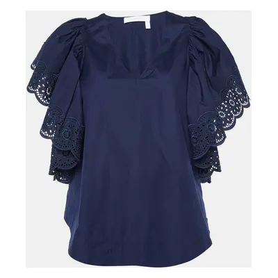 See by Chloe Blue Cotton Lace Trim Flared Sleeves Top