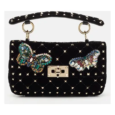 Valentino Black Quilted Velvet Small Butterfly Rockstud Spike Top Handle Bag