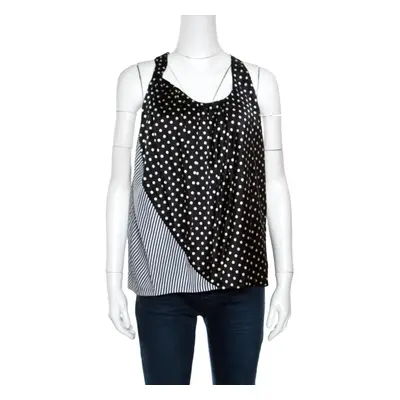 Acne Monochrome Shy Dots and Striped Panel Detail Silk Asymmetric Tank Top