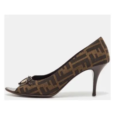 Fendi Brown Zucca Canvas Bow Peep Toe Pumps Size