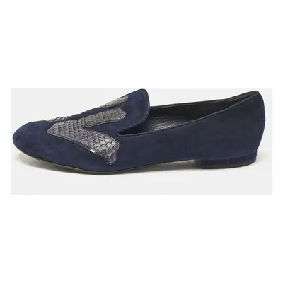 Louis Vuitton Navy Blue Suede and Snakeskin Leather LV Logo Smoking Slippers Size 36.5