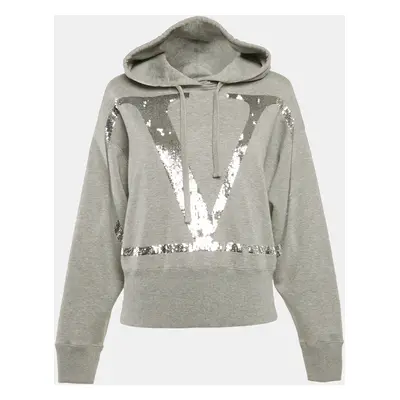 Valentino Grey Logo Sequin Cotton Knit Hooded Sweatshirt