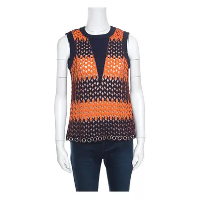 Balenciaga Blue and Neon Orange Open Loop Weave Detail Sleeveless Top