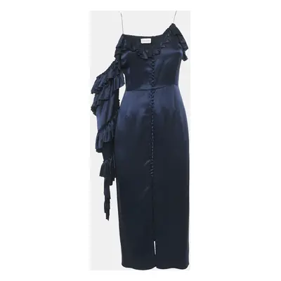 Magda Butrym Navy Blue satin Silk Ruffled Asymmetric Sleeve Midi Dress