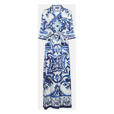 Dolce & Gabbana White/Blue Majolica Print Silk Shirt Dress