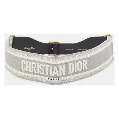 Dior Grey/Black Logo Embroidered Canvas And Black Leather Saddle Belt