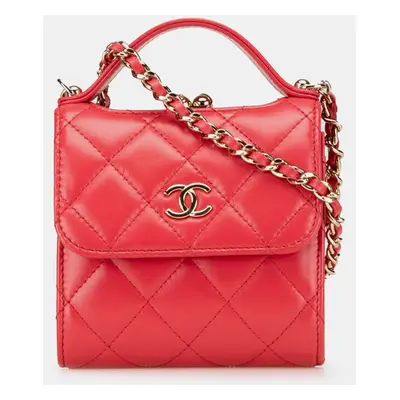 Chanel Red Quilted Lambskin Top Handle Flap Clutch With Chain