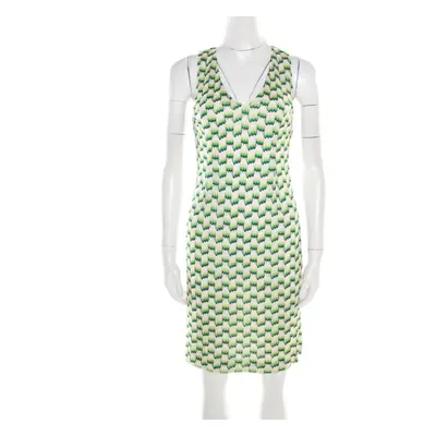 Missoni Green and White Patterned Knit V-Neck Sleeveless Dress