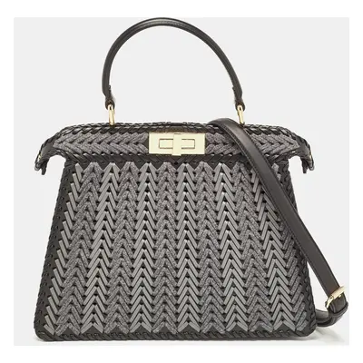 Fendi Black/Grey Interlace Leather and Wool Peekaboo ISeeU Top Handle Bag