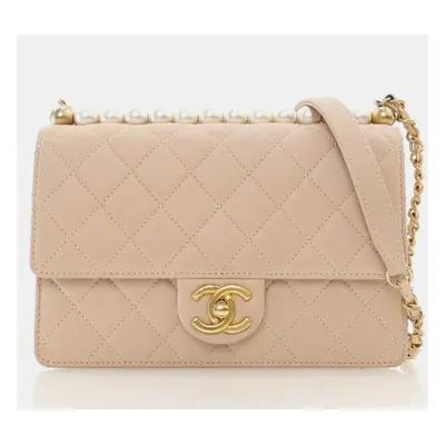 Chanel Beige Calfskin Chic Pearls Flap Bag