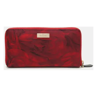 Valentino Red Printed Nylon Continental Zip Around Wallet