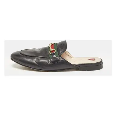 Gucci Black Leather Princetown Web Horsebit Flat Mules Size