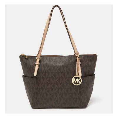 MICHAEL Michael Kors Brown Signature Coated Canvas and Leather East West Zip Tote