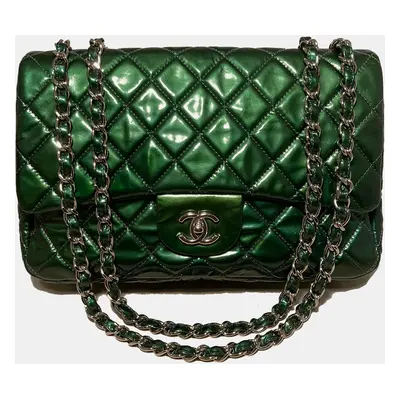 Chanel Metallic Green Patent Leather Jumbo Classic Flap