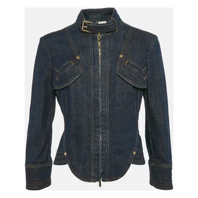 Roberto Cavalli Blue Denim Zip-Up Neck Belt Detail Jacket