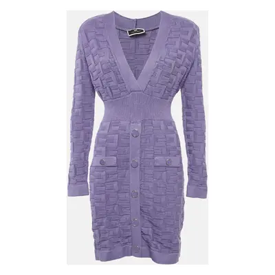 Elisabetta Franchi Purple Knit Patterned V-Neck Mini Dress