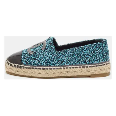 Chanel Blue/Black Tweed and Patent Leather CC Cap Toe Espadrille Flats Size