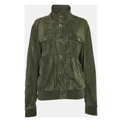 Brunello Cucinelli Green Ribbed Trim Suede Buttoned Jacket