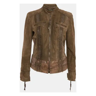 Roberto Cavalli Green Textured Leather and Suede Lace-Up Jacket