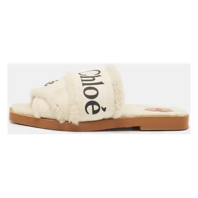 Chloe White Canvas and Shearling Woody Flat Sandals Size