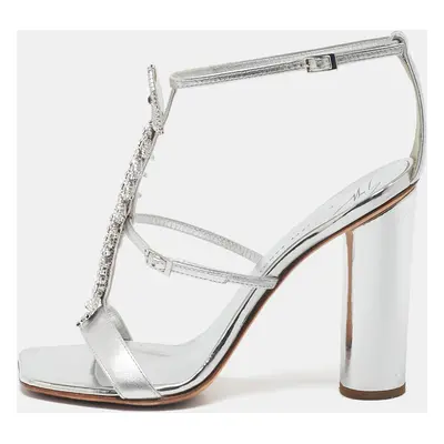 Giuseppe Zanotti Silver Leather Fishbone Embellished Ankle Strap Sandals Size