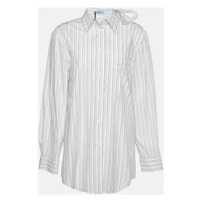 Prada White Striped Cotton Tie Neck Button Front Shirt