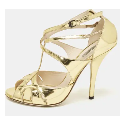 Bottega Veneta Gold Leather Ankle Strap Peep Toe Sandals Size