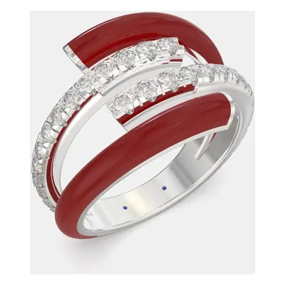 Bright Red Ceramic Sterling Silver Lab Grown Diamond Bypass Single Row Accented Ring US