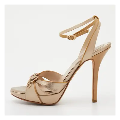 Dior Metallic Gold/Beige Leather and Satin Platform Ankle Strap Sandals Size