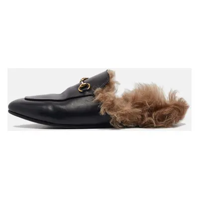 Gucci Black Leather and Fur Horsebit Princetown Flat Mules Size