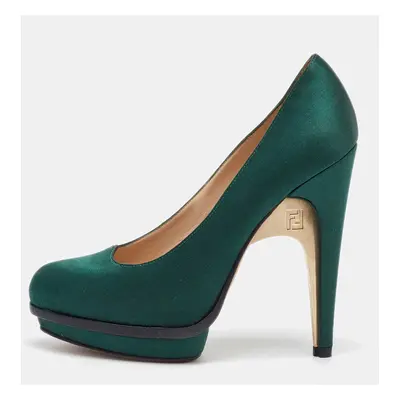 Fendi Dark Green Satin Bridge Heel Platform Pumps Size