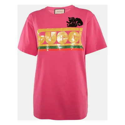 Gucci Pink Logo Sequin Jersey Crew Neck T-Shirt