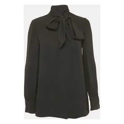 Valentino Black Silk Blend Crepe Tie-Up Neck Detail Top