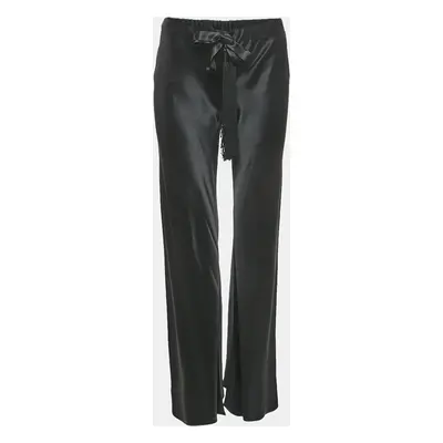 Roberto Cavalli Black Satin Silk Tassels Drawstring Flared Trousers